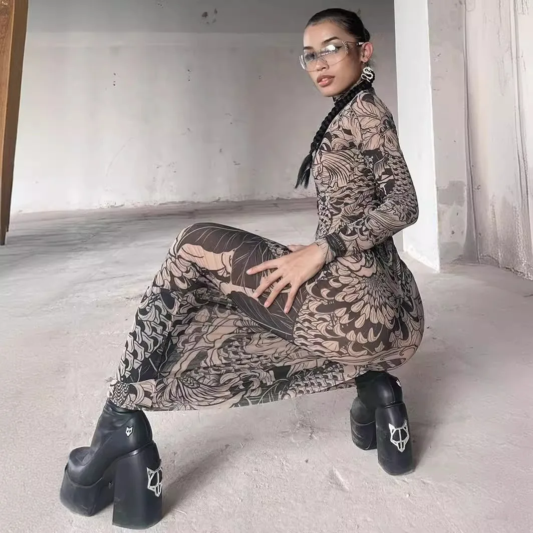 Odzież damska 2025 jesień nowa moda siatkowy nadruk przezroczysty wysoki kołnierz slim fit sukienka damska