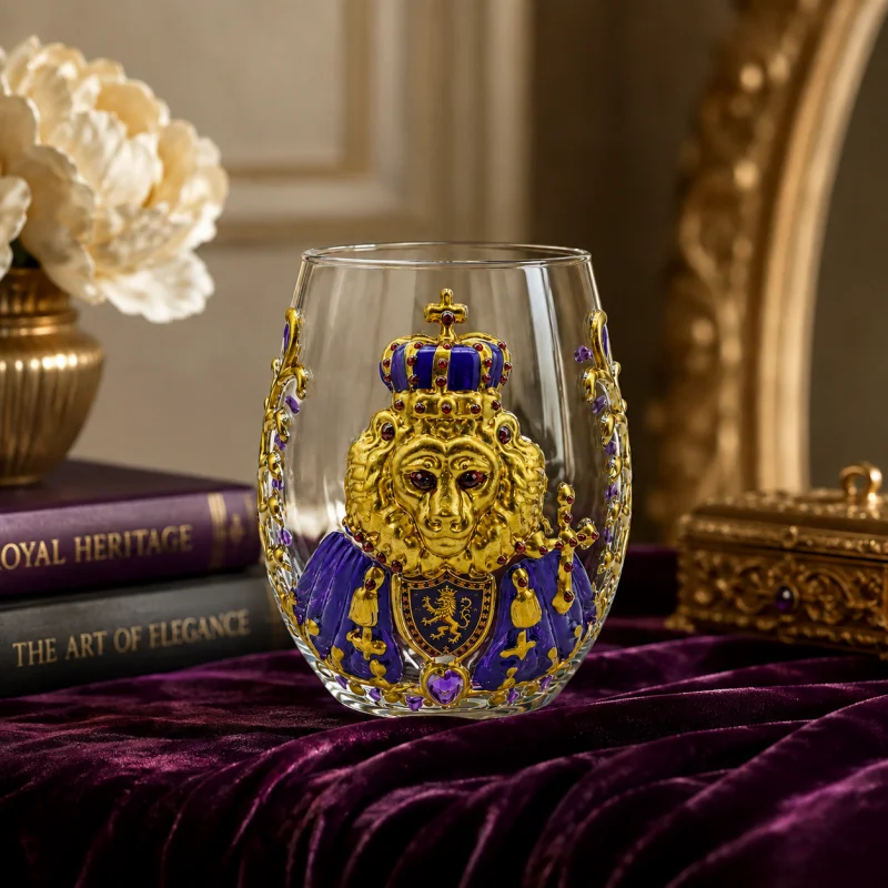 Creative 3D Lion Head Whiskey Glass Gold Red Crown Design Bourbon Cup Decorative Barware for Men Gift