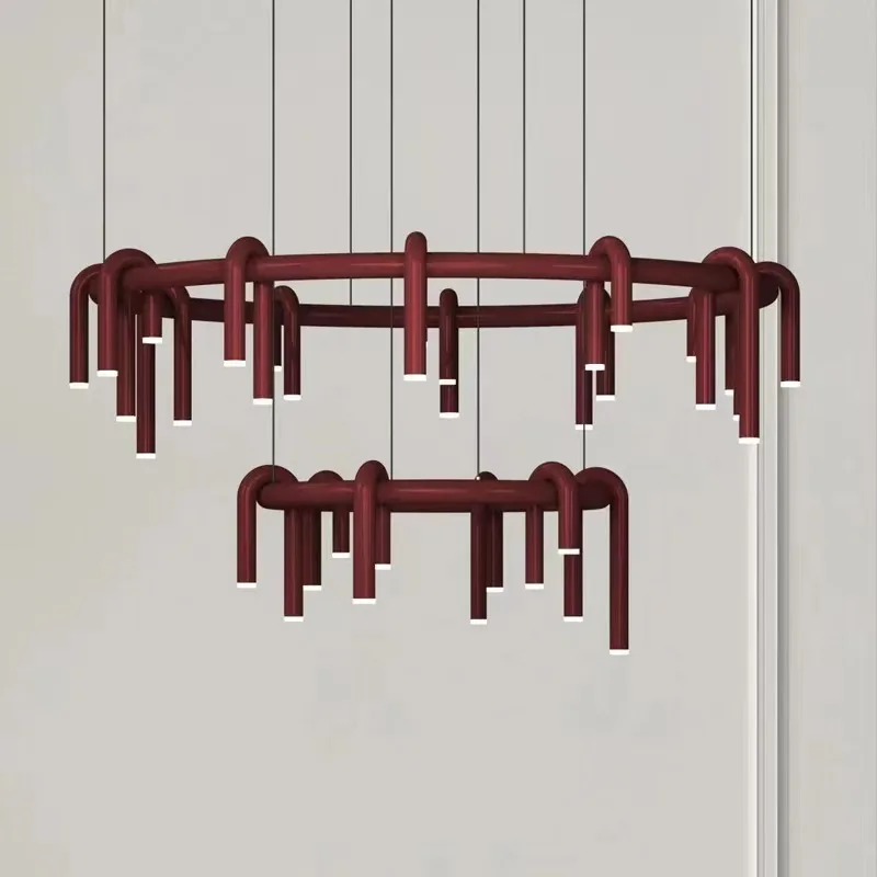 

Novetly Red Metal Chandelier U-shaped Tube Hotle Hall Parlor Dining Room Bedroom Hanging Lamp Cord Adjustable Lofr Art Deco