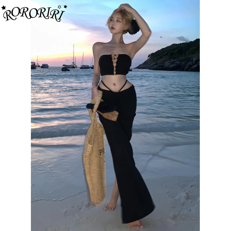 RORORIRI Retro Beaded Corset Top Skirt Women 3-piece Set Grayu Cut-out Vest Ribbon Slim Bodycon Long Skirt Holiday Beach Clothes