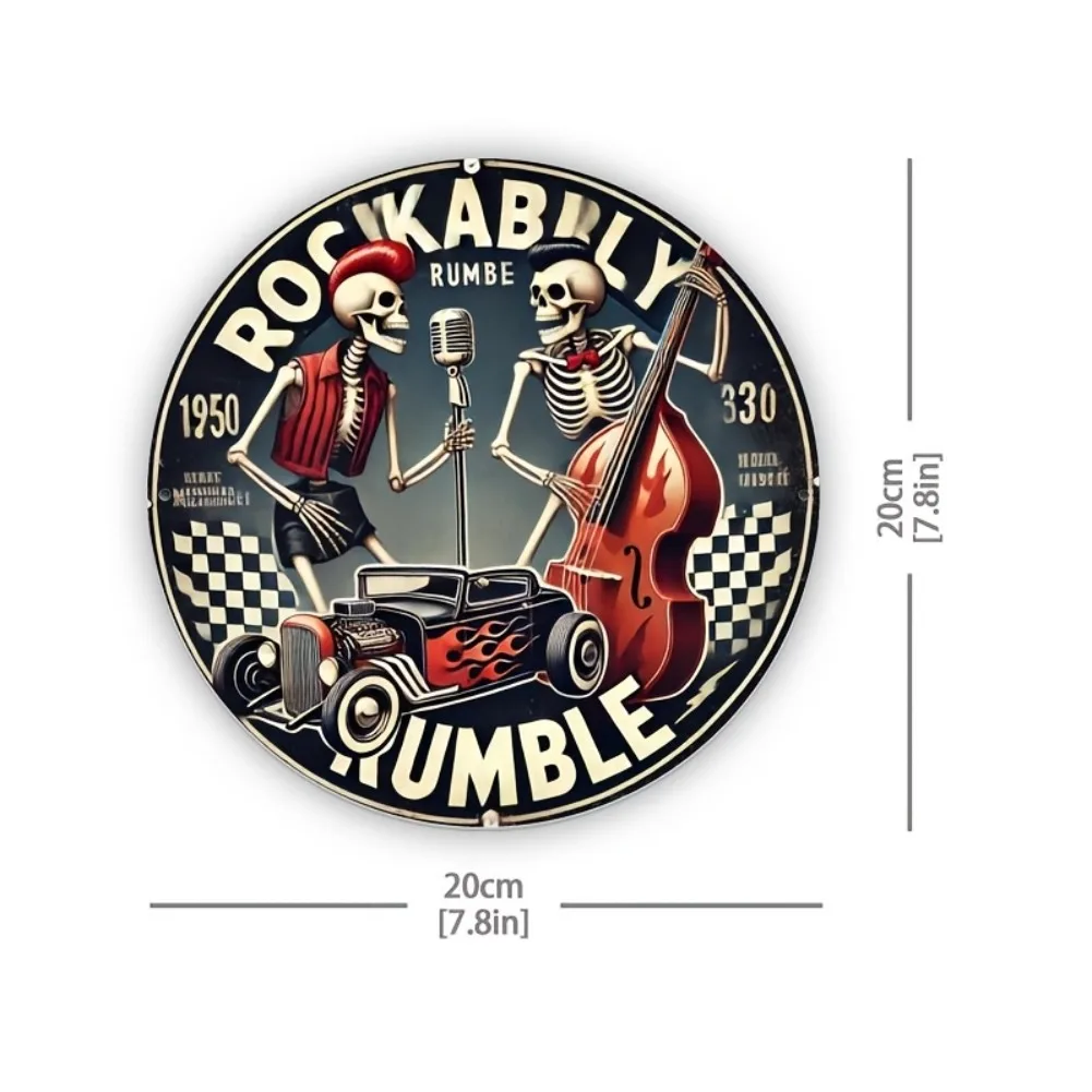 Vintage Rockabilly Rumble Skeleton Musicians & Hot Rod Car Round Metal Tin Sign – 2D Flat Products Design with Enhanced Depth &