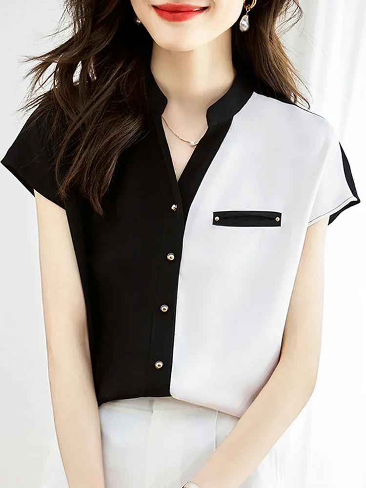 Summer Short Sleeve Black White Chiffon Blouse Shirt Women Tops Blusas Mujer De Moda 2024 Verano V-Neck Blouse Women Shirts G544