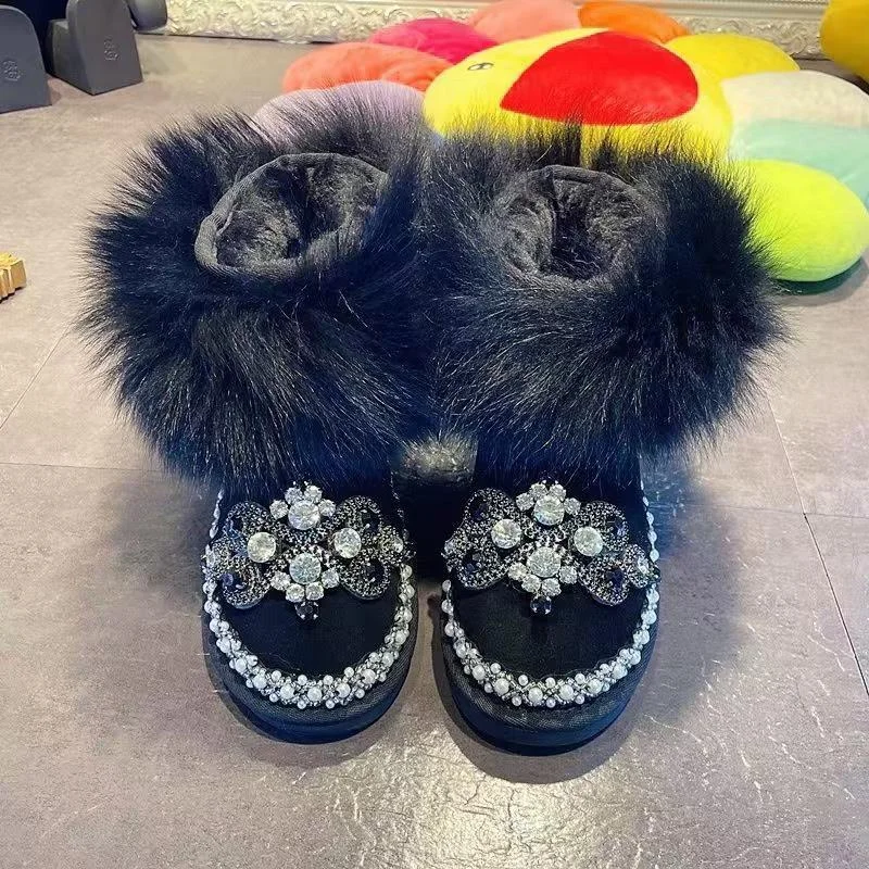 Handmade luxury rhine-diamond accessories Fox fur fur one snow boots banquet party casual thickener women's cotton shoes 35-40