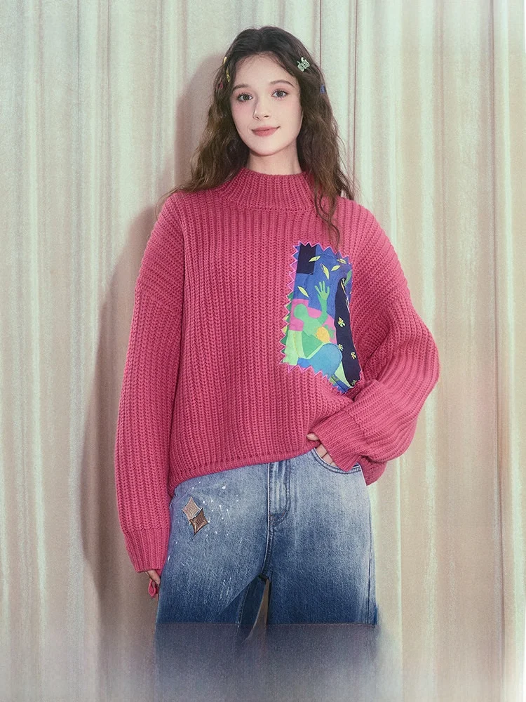 

Loose Women's Abstract Print Patchwork Dstring Hem Sweater Winter New Arrival Two Tee Things Commute Sle Long Sve