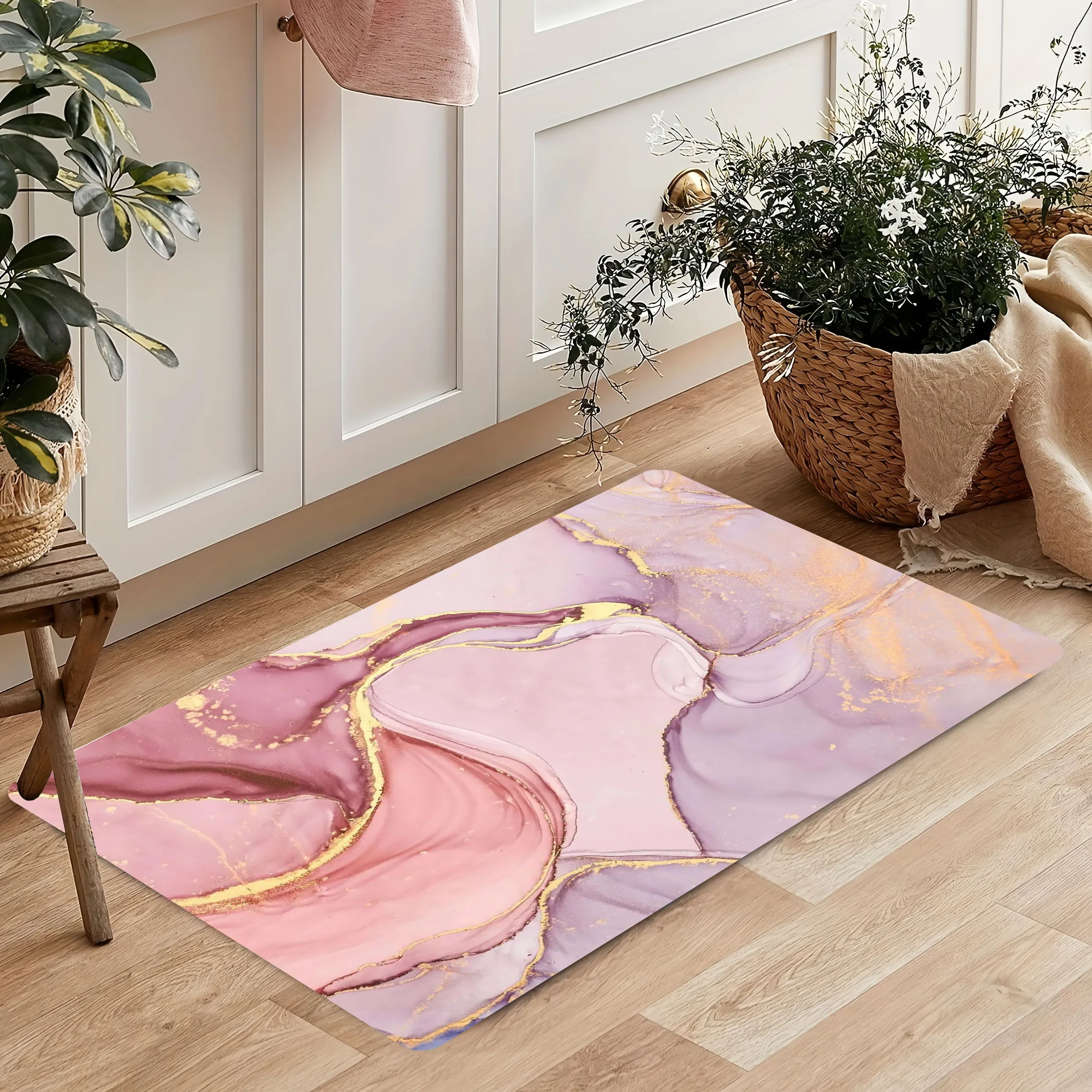 Pink Marble Gold Line Art Design Home Cure Decorative Accessories Bathroom Doormats for Living Room Hallway Anti-slip Floor Pads