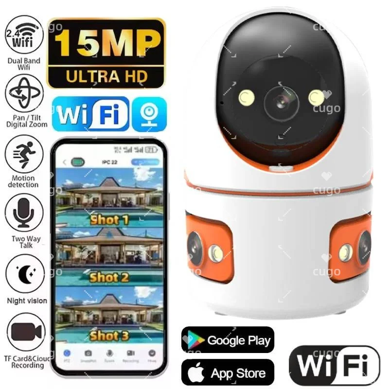 Câmera de Segurança IP Sem Fio 15MP com Rastreamento Humano por IA, Áudio Bidirecional, Visão Noturna Colorida e Zoom Digital 10X