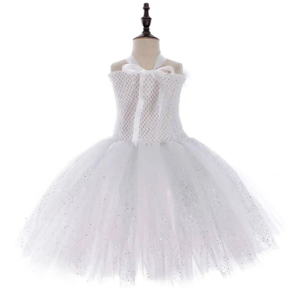 Silver Sequins White Angel Wings Tutu Dress for Girls Princess Christmas New Year Costumes Kids Girl Fairy Dresses for Birthday