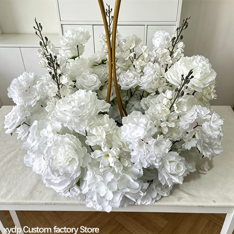 Weiße Kunstblumen Luxus Hochzeitsdekoration Sofa-Läufer Blumenreihe Event-Tischläufer Kranz Hortensie Rose Seiden-Blumenball – Detail 3