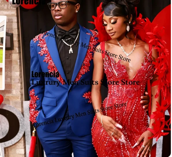 Customized Diamond Men suits For Prom Groom Handmade Jewelry Sequins Male Wedding Party Retro Blazer 2 Pieces Set Tuxedos Slim