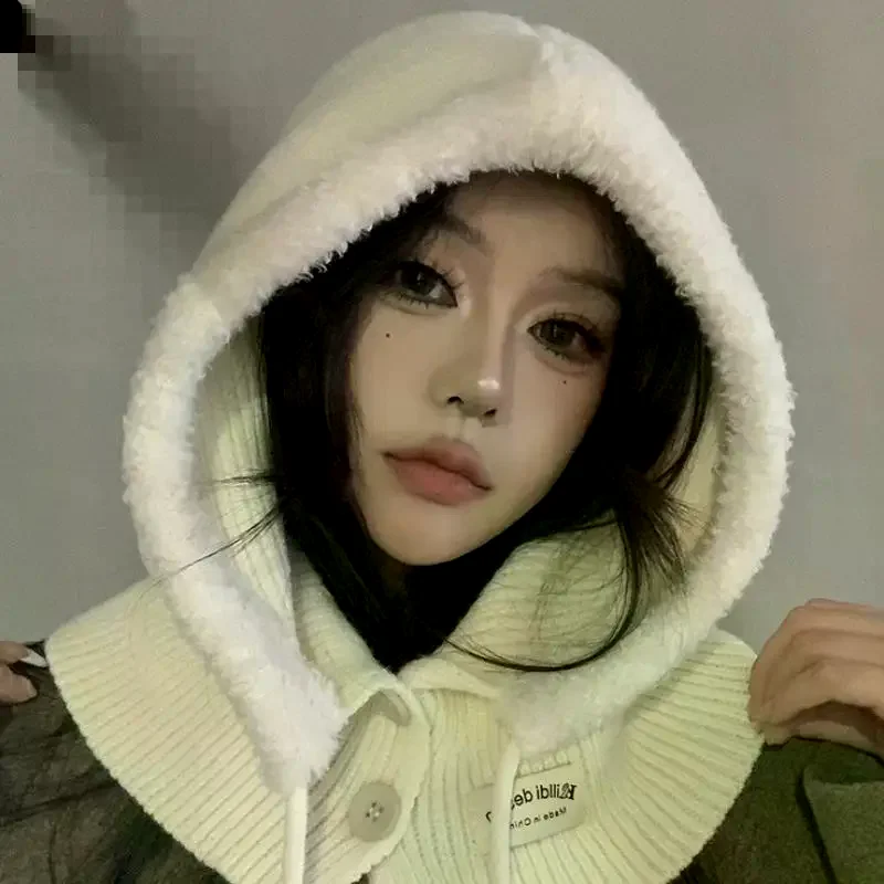 Women's Drawstring Faux Collar Balaclava Hat,Outdoor Warm Knitted Face Neck Protective Hood Cape,for Winter Cold Protection