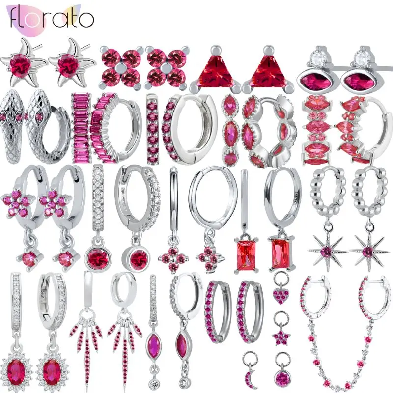 

925 Sterling Silver Needle Sweet and Romantic Rose Red Silver Series Hoop Earrings Pendant Women Light Luxury Fashion Earrings