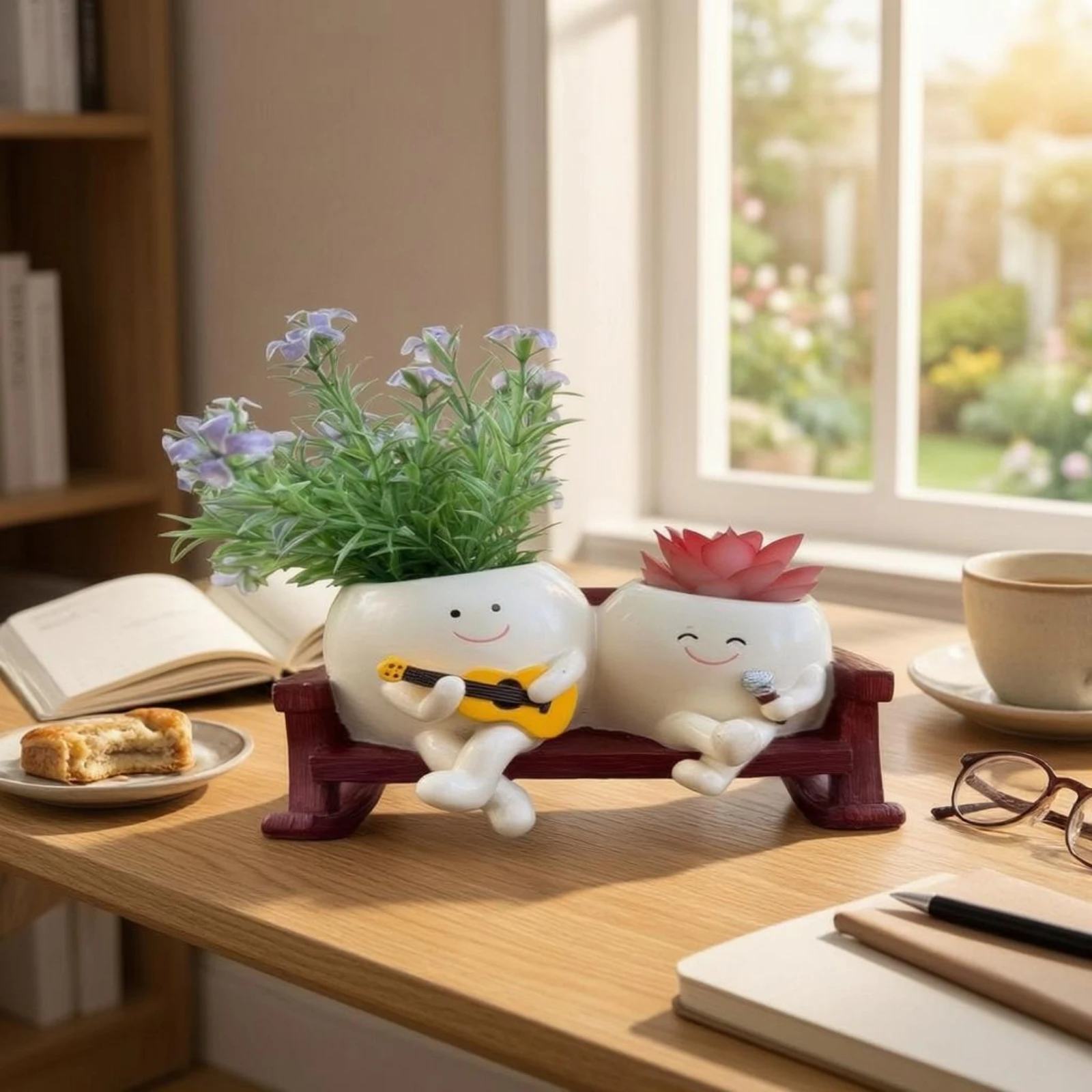 Rocking Chair Planter Smiling Faces Cartoon Plant Pot Set Succulent Planter Wood-Grain Home Decor Ornament