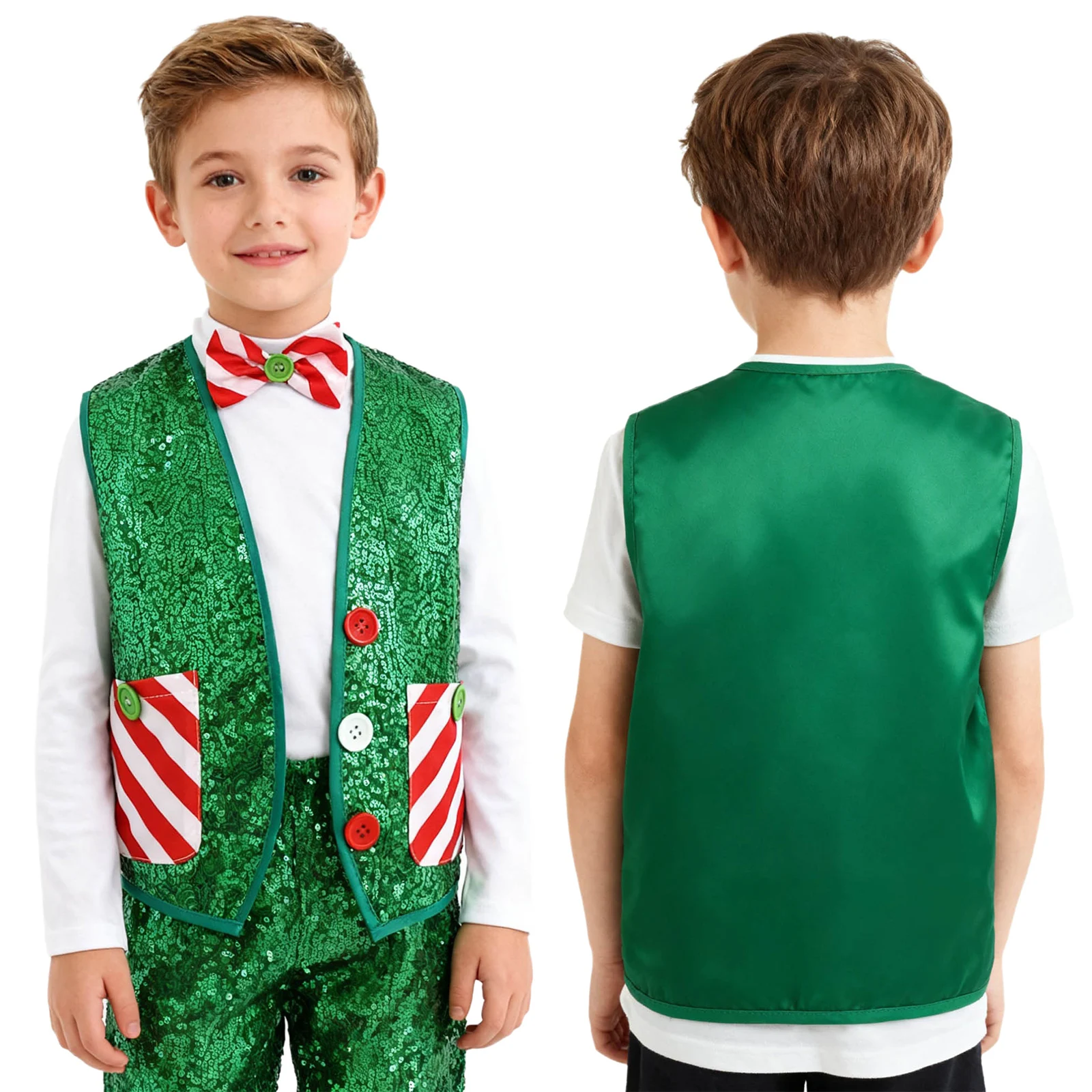 Kids Christmas Santa Elf Cosplay Costume Shiny Sequin Stripe Vest with Bowtie Xmas Latin Jazz Disco Dance School Choir Waistcoat