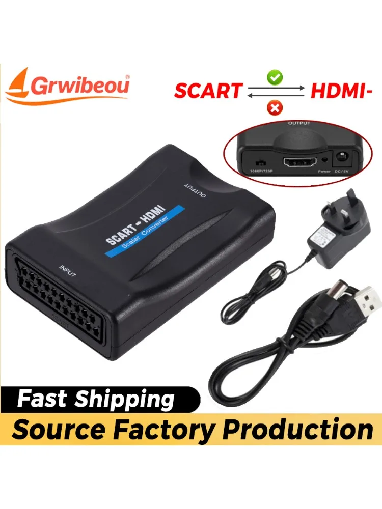 Adaptateur convertisseur Audio vidéo haut de gamme, 1080P, compatible péritel vers HDMI, pour TV HD, DVD, Sky Box, câble DC Plug and Play STB