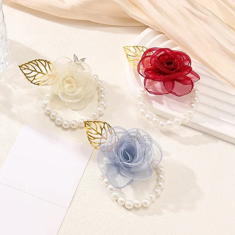 Pulsera de boda con ramillete de muñeca de rosas de tela para dama de honor, novias, flor de mano, rosas falsas, pulsera de boda para invitados, accesorios