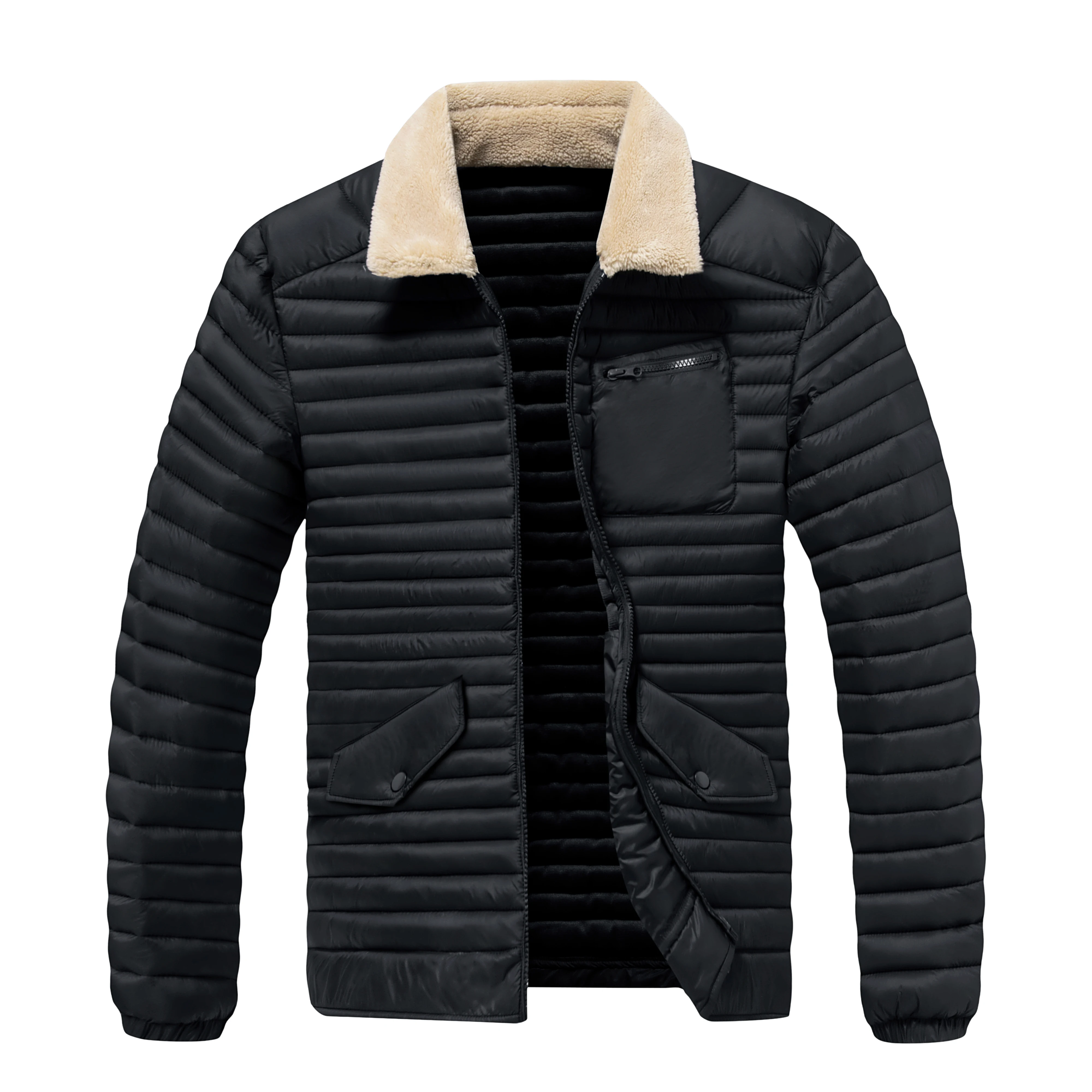Winter Men's Black Wool Collar Slim Fit Quilted Cotton Jacket Windproof Warm Casual Daily Pilot Jacket with Pocket