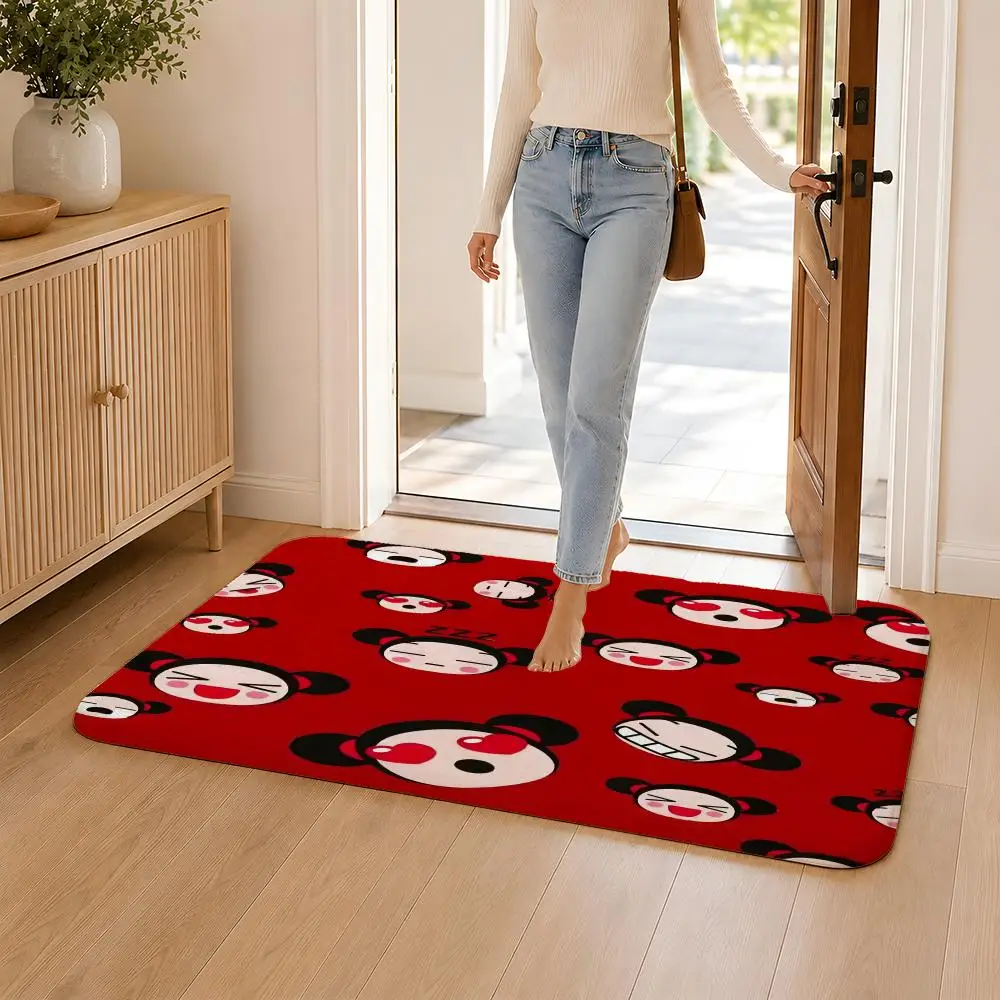 Kawaii P-Pucca Anime Floor Mat Flannel Rug Non Slip Absorbent Soft Washable For Entryway Hallway Bathroom Kitchen Decor
