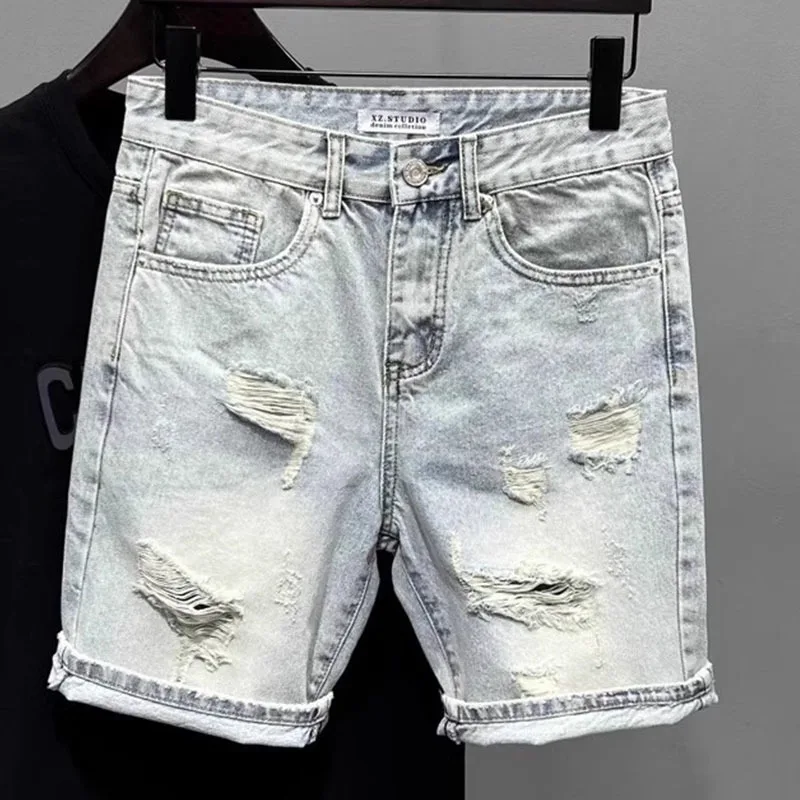 

Men Summer Beggar Whisker Hole Five-Point Mid Pants Fashion Washed Light Blue Denim Shorts
