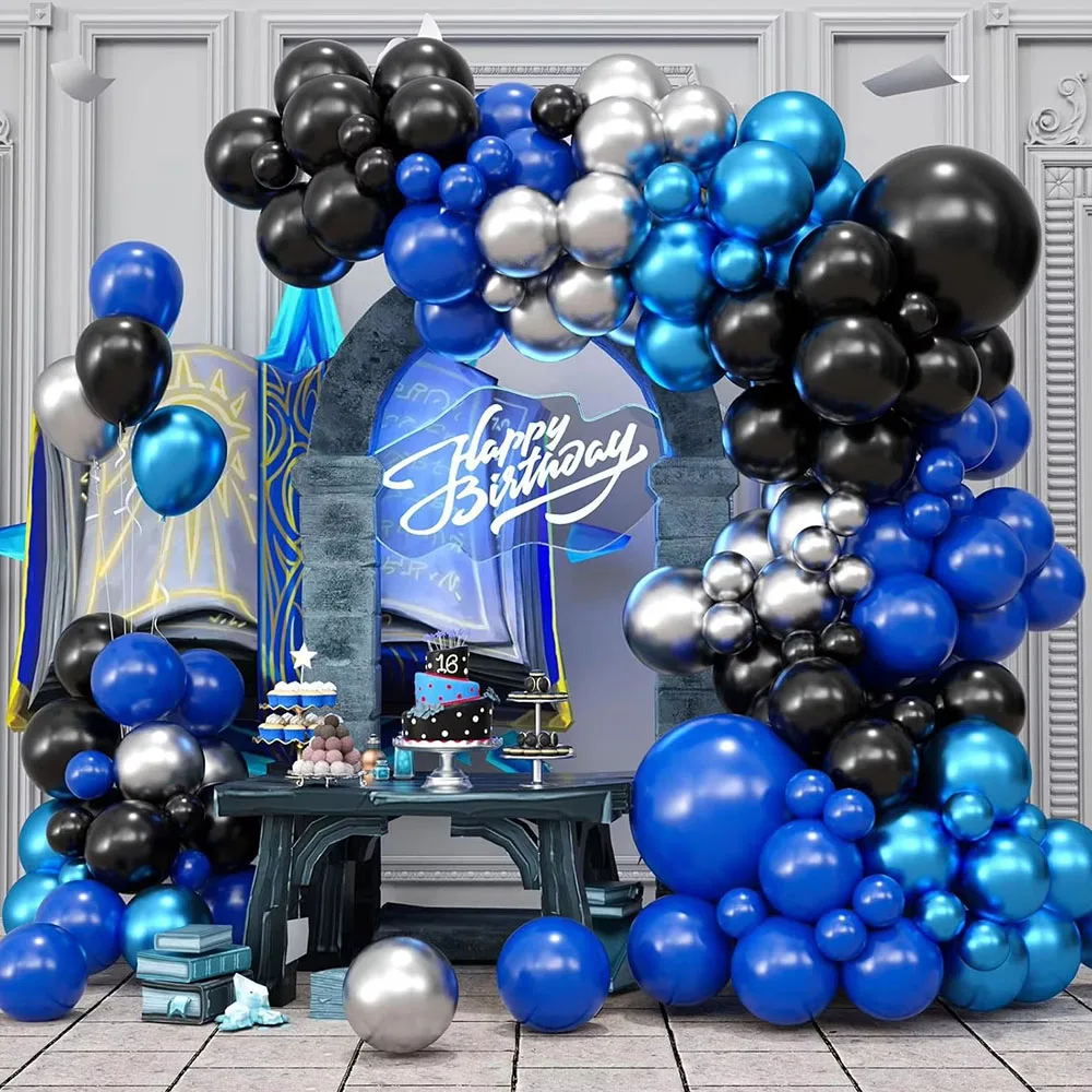 

124PCS Blue Black Balloons Garland Arch Kit Blue Silver Metallic Balloons Birthday Party Baby Shower Graduation Party Decoration