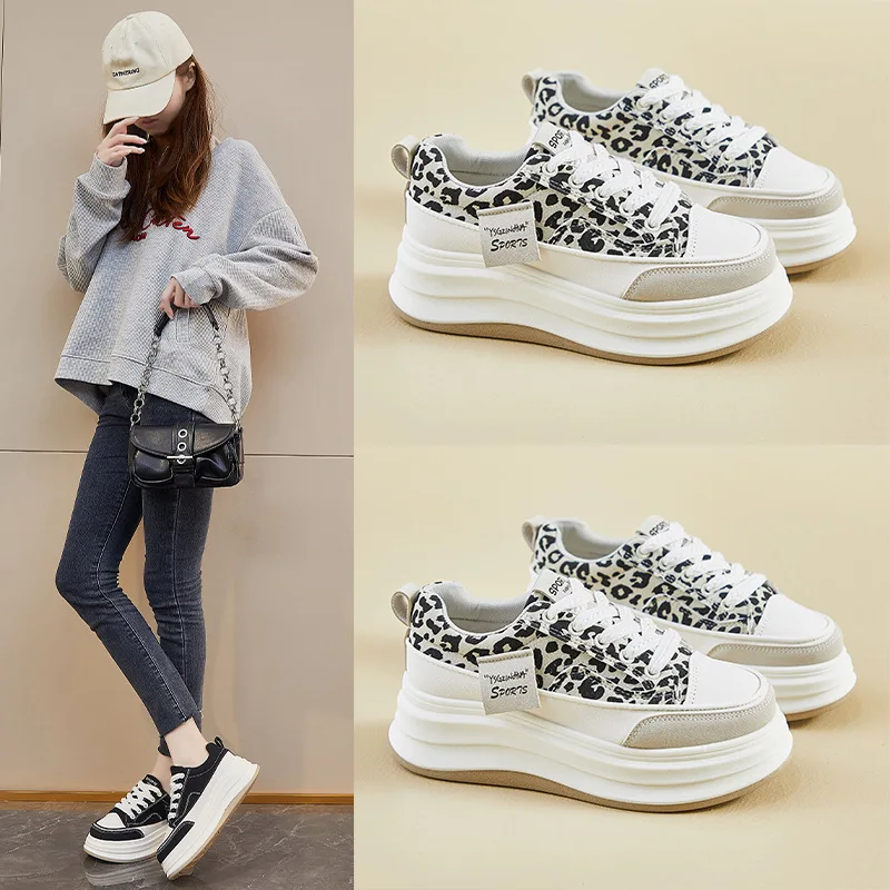 

Женские кроссовки, новая весенняя спортивная обувь с леопардовым принтом на толстой подошве, повседневная обувь для студенток, модные кроссовки на шнуровке