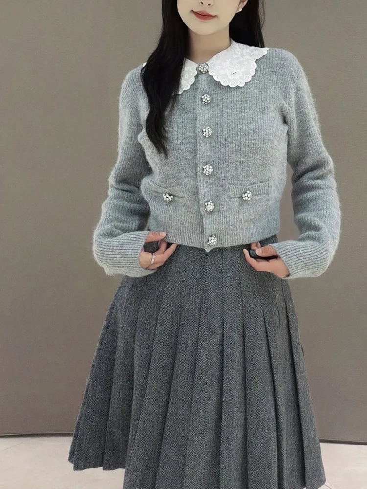 

Embroidered baby collar sweater knitted cardigan 2025 autumn and winter sweet and youthful grey knitted women's sweater coat