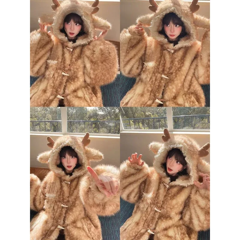QICHE Women Autumn Winter Thick Warm Faux Fur Hooded Coat Sweet Cute Lace Patchwork Fluffy Jacket With Deer Ears & Horn Buttons