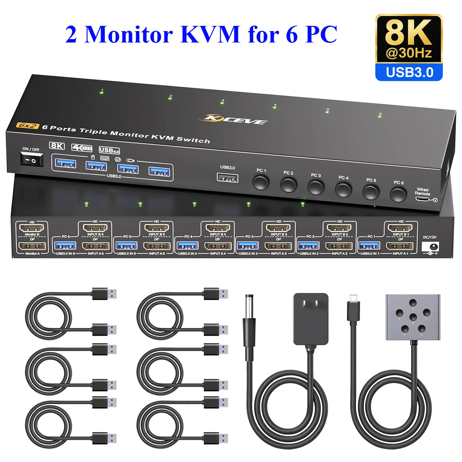 HDMI 2.1 KVM Switch 6 Computers 2 Monitors,8K@60Hz USB 3.0 KVM Switch 2 Monitor KVM for 6 PC,