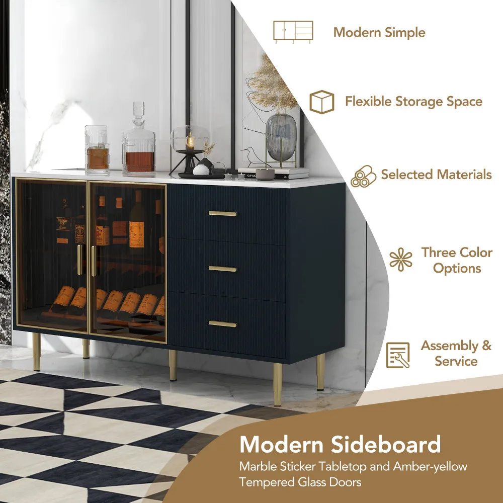 TREXM Modern Sideboard MDF Buffet Cabinet Marble Sticker Tabletop and Amber-yellow Tempered Glass Doors with Gold Metal Legs