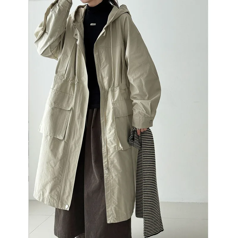 EAEOVNI 가을 후드 롱 트렌치 코트 여성 패션 지퍼 드로우 스트링 디자인 포켓 루즈 솔리드 컬러 윈드 브레이커 의류