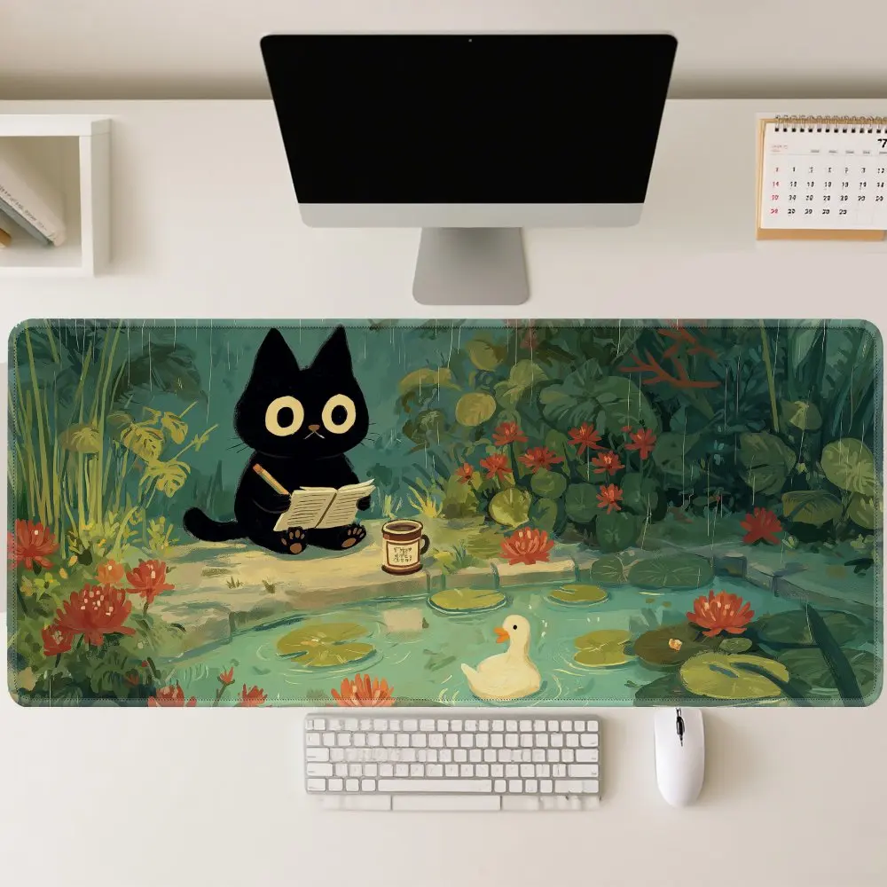Black Cat Reading Rainy Pond Aesthetic Desk Pad Cute Rubber Gaming Mouse Pad Mat XL XXL