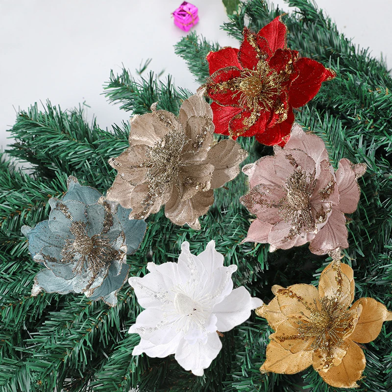 2pcs Glitter Artifical Christmas Flowers Merry Christmas Tree Decoration Fake Flowers For Home Christmas Decoration