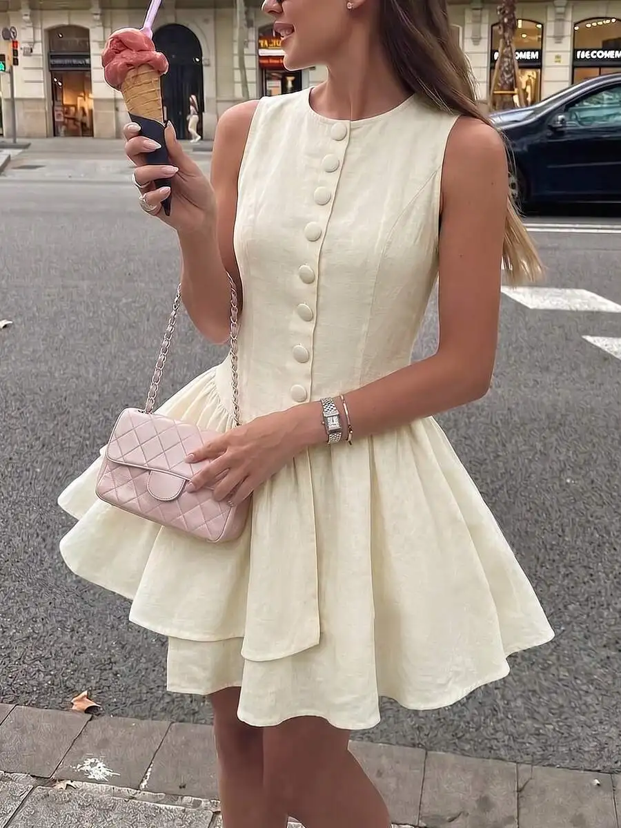 

Women Sleeveless Round Neck Button Front Asymmetric Hem Short Dress Casual Daily Outfit