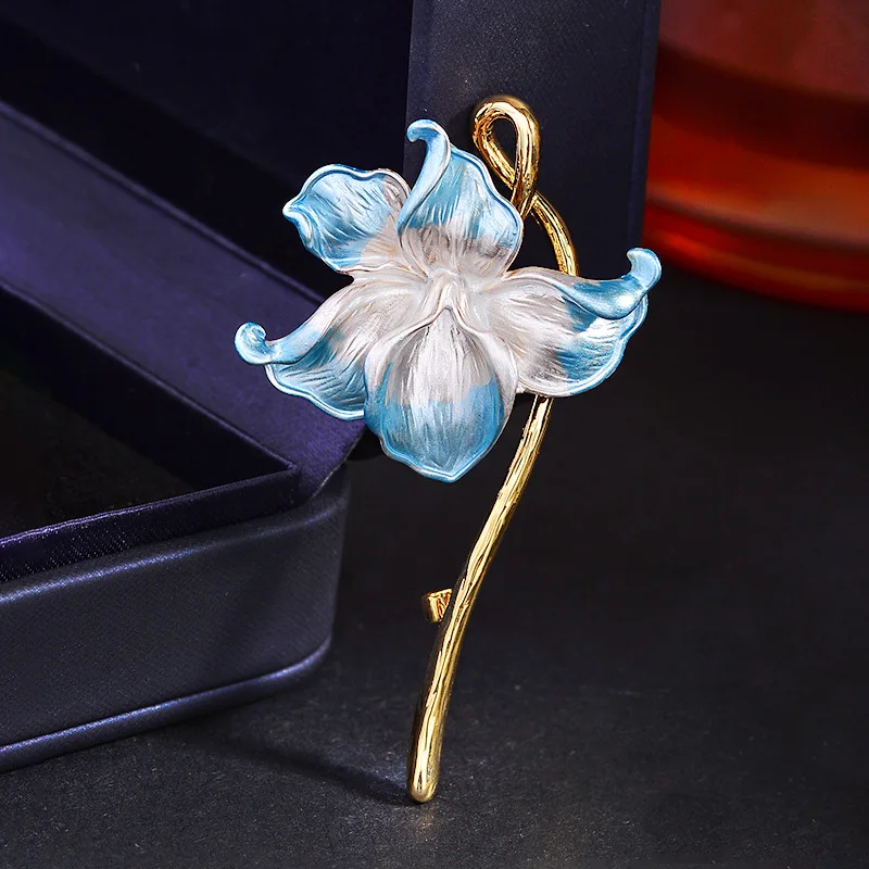 Chinese Style Enamel Blue Flower Brooch Lucky Auspicious Elegant Jewelry Accessory For Women Suit Dress Banquet Party Daily Wear