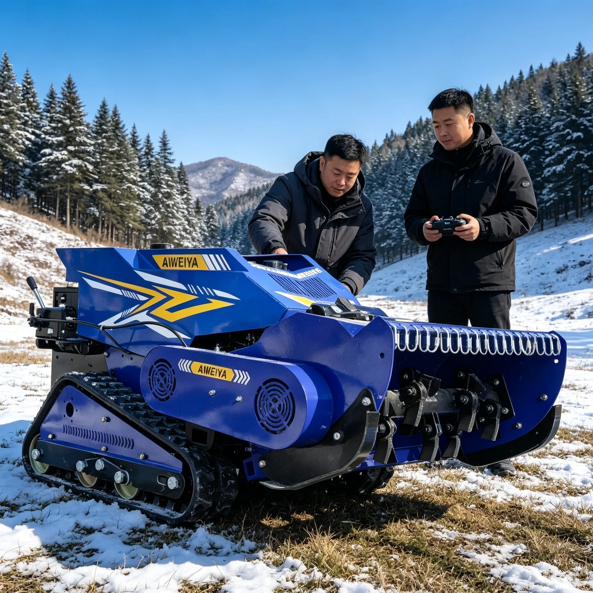 Customized snow shovel and storage rack kit, zero turn intelligent lawn mower trims green belts beside urban highway roads