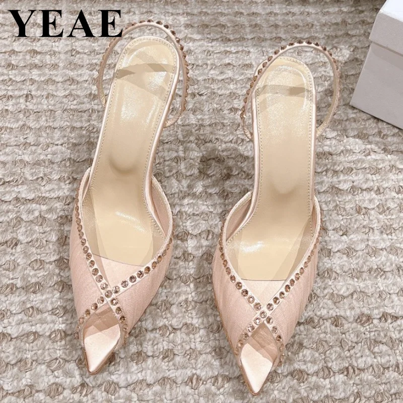 2024 Fashion Crystal High Heels Women Silk Mesh Sandals Luxury Designer Open Toe Party Shoes Ladies Back Strap Dress Pumps Women