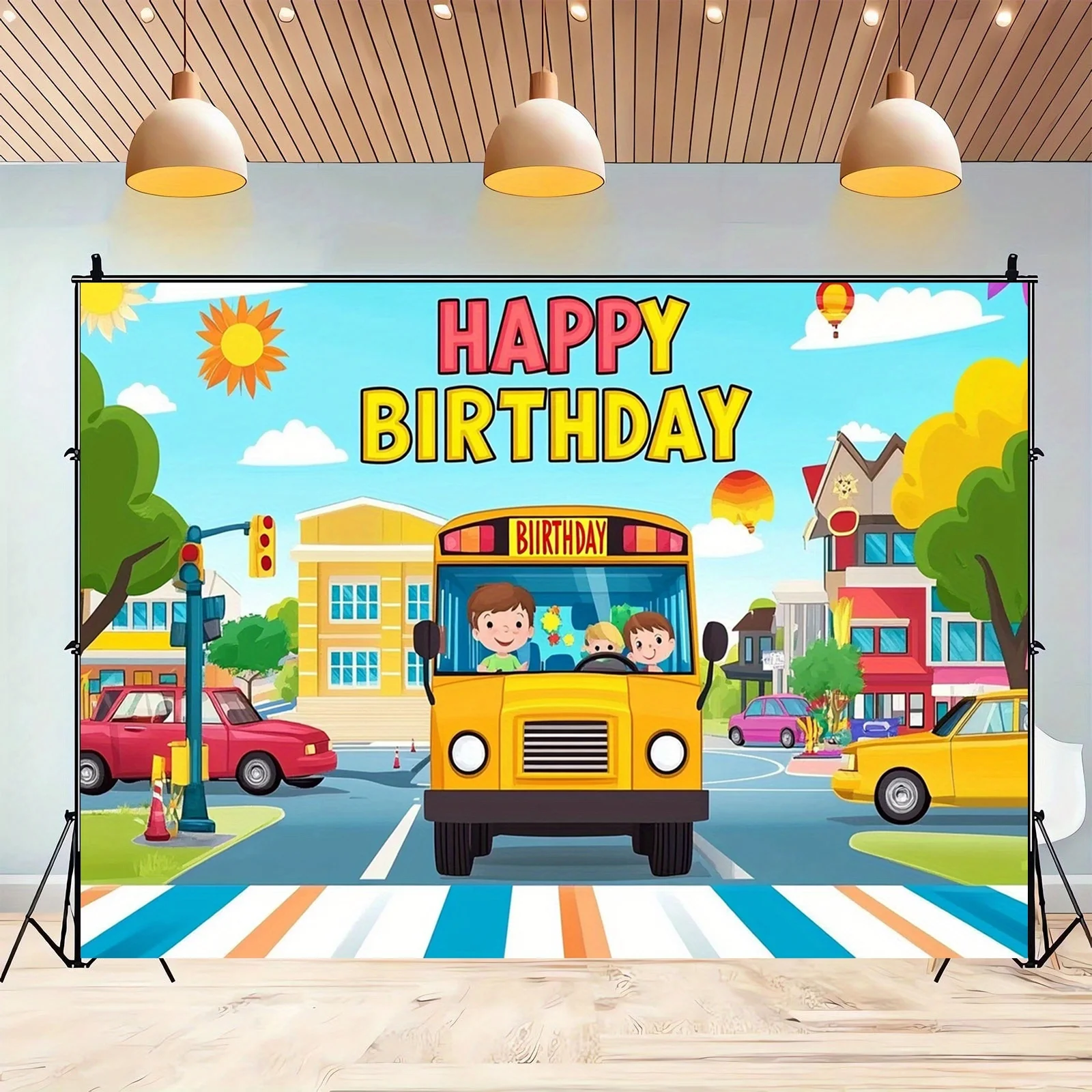 Bunter gelber Schulbus-Themenbanner als Fotohintergrund, Kindergeburtstagsparty, Heimdekoration, Fotografie-Hintergrund