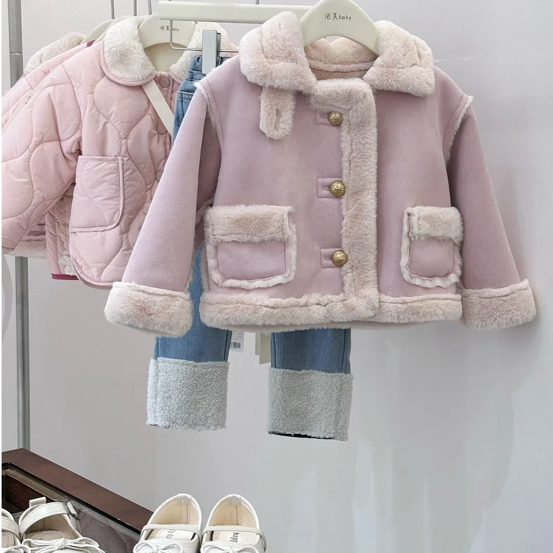 2024 Autumn Winter Kids Girls Jacket Plus Velvet Thickened Suede Solid Toddler Girls Coat Hairy Soft Children Girl Outerwears