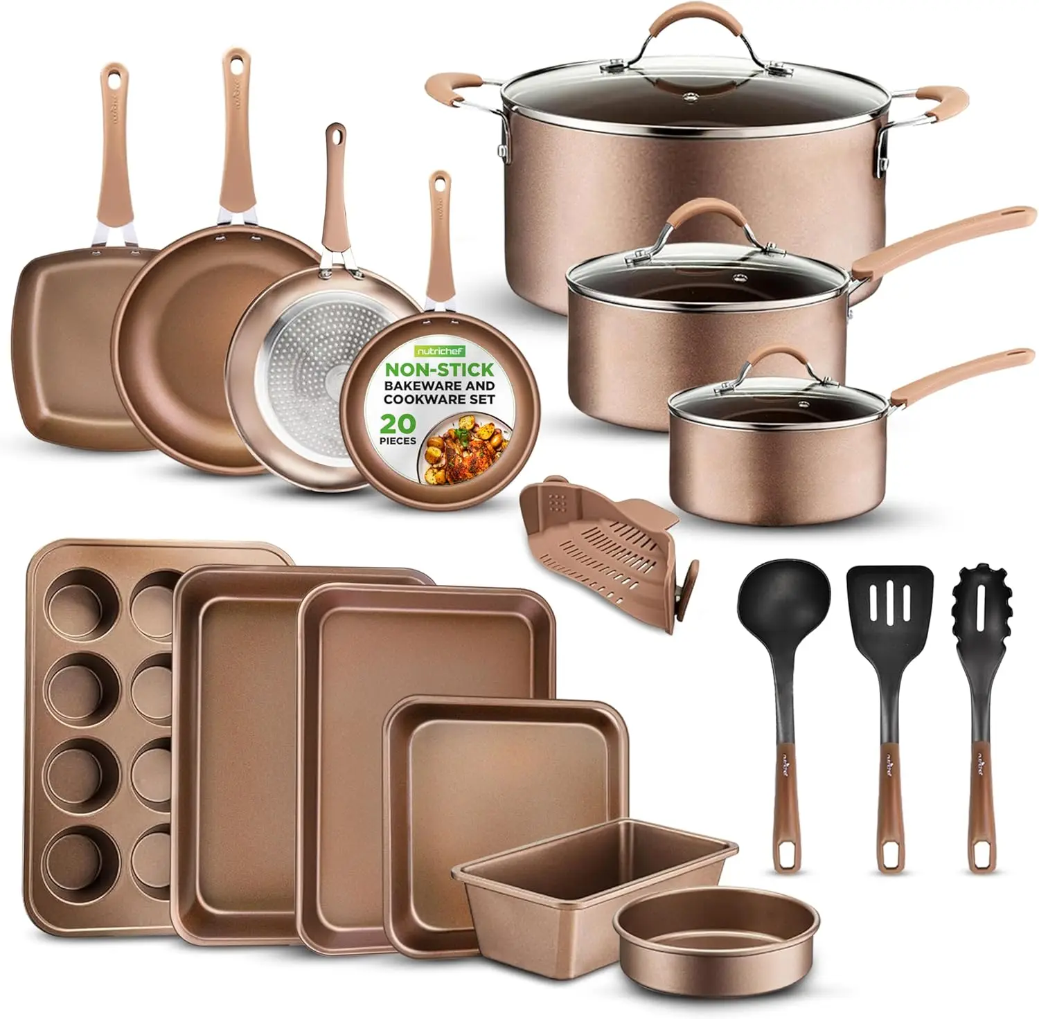 

20-Piece Nonstick Kitchen Cookware Set - PFOA/PFOS-Free Heat Resistant Lacquer Kitchenware w/ Bakeware, Frying Pans,