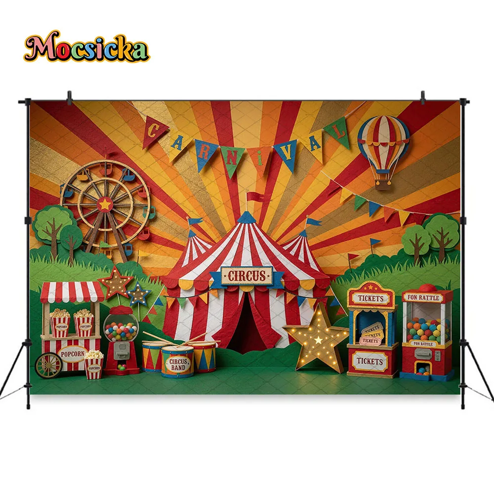 Mocsicka Carnival Circus Backdrop Photography Pink Tent Ferris Wheel First Birthday Party Background Boy Girl Cake Smash Photo