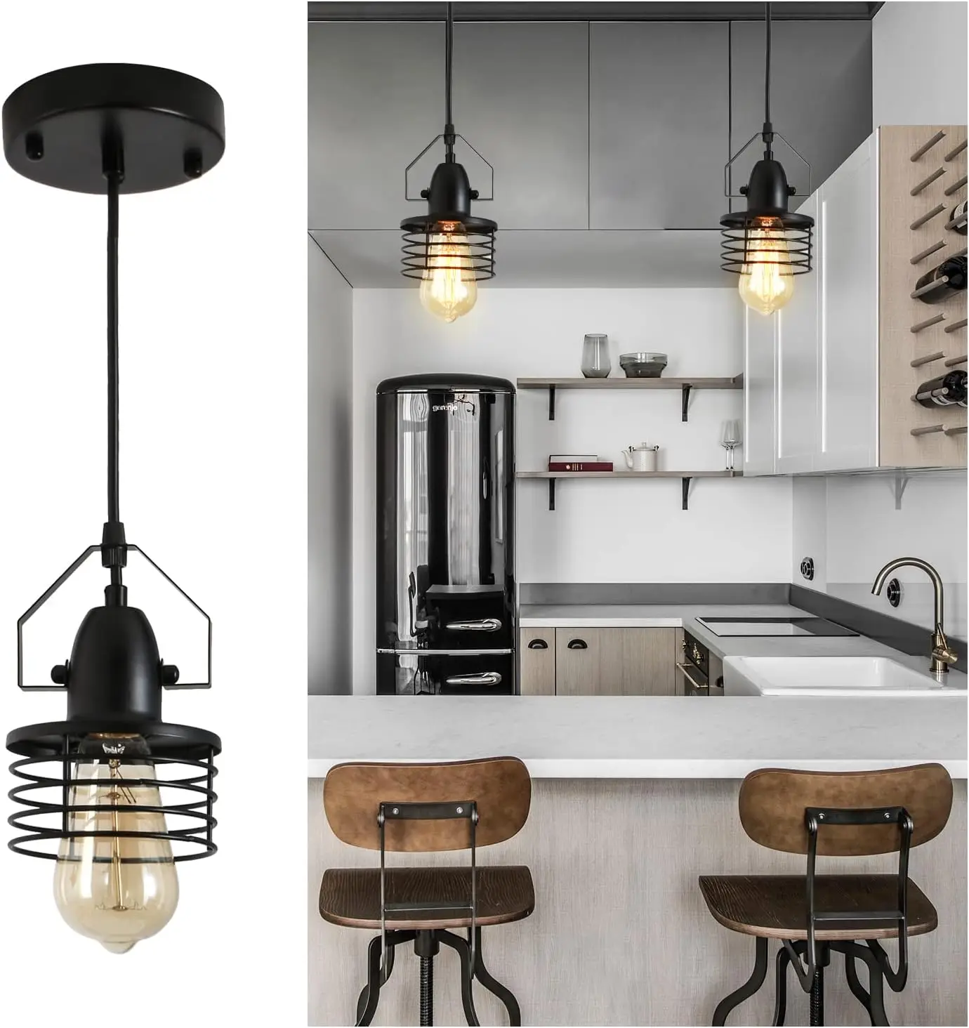 Industrial Black Pendant Light Metal Cage Pendant Lights for Dining Room Hanging Lighting Kitchen Island Living Room Bedroom