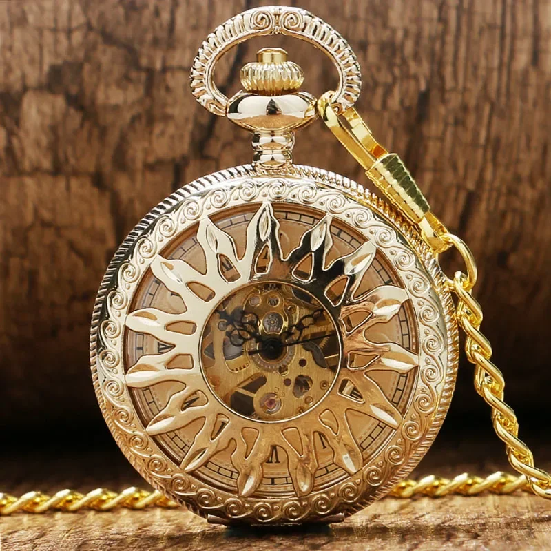 Montre de poche avec pendentif mécanique pour homme et femme, jaune, doré, fleur creuse, design de boîtier solaire, cadran à chiffres romains, modules Seton, luxe, manuel