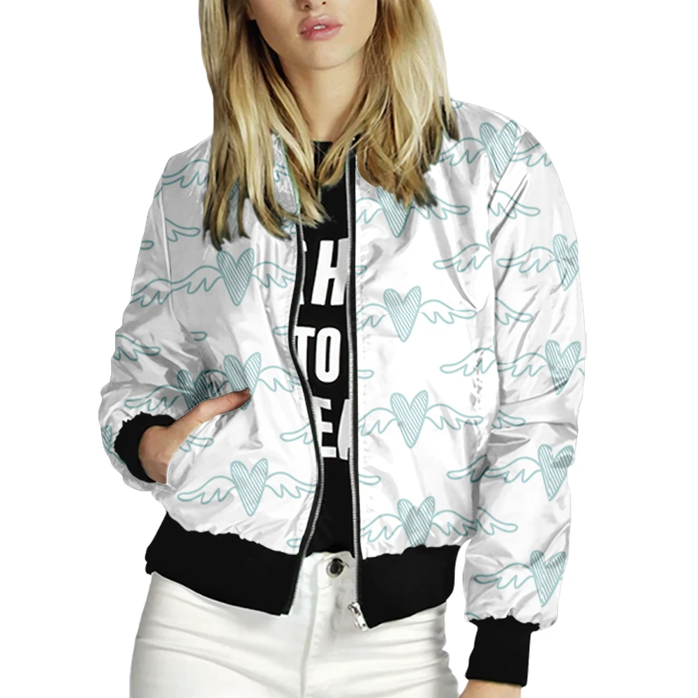 Chaqueta de manga larga para mujer, abrigo ajustado con cremallera y cuello de béisbol, estampado de amor, estilo urbano