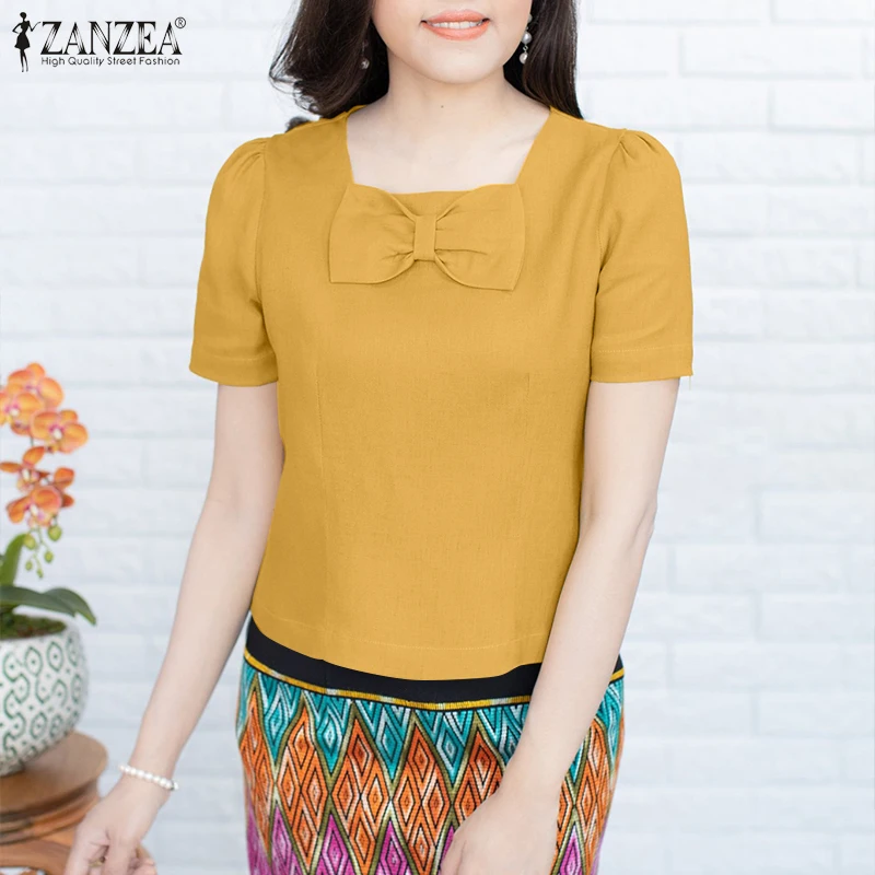 

ZANZEA Elegant Women Square Neck Short Sleeve Work Blouses Summer Fashion Shirt Casual Holiday Tunic Tops Cotton Blusas Oversize