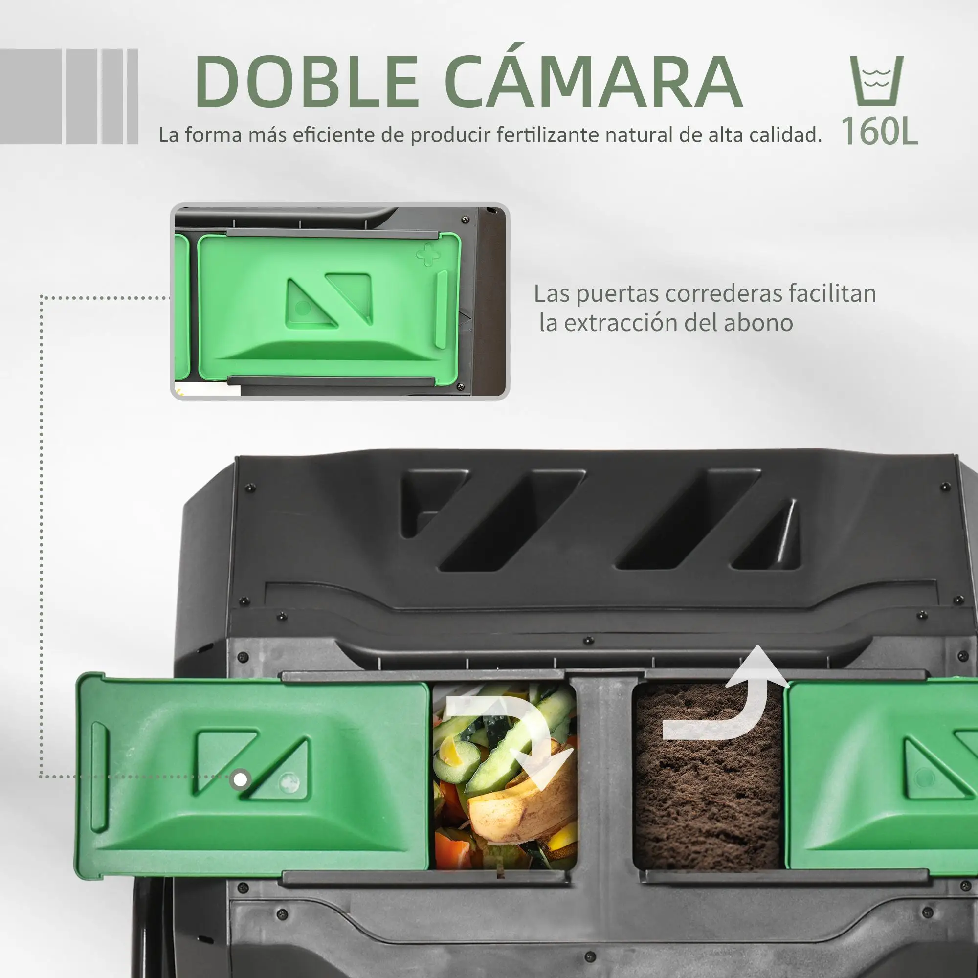 360 ° Contenedor de compostaje giratorio de 160L, 2 cámaras, PP, acero, ventilación, puertas correderas, para residuos de jardín