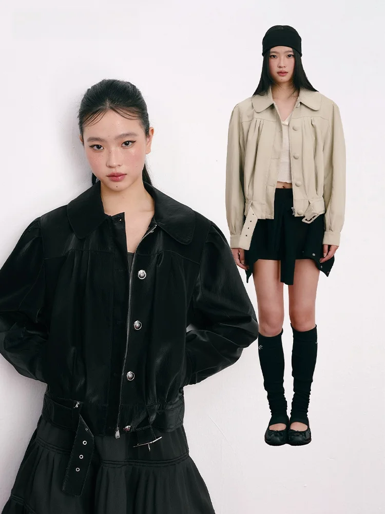 

Moonmoi Austin Road Woven Design Lazy Loose PU Leather Foggy Feel Women's Jaet Casual Sle ort Outerwear Coat