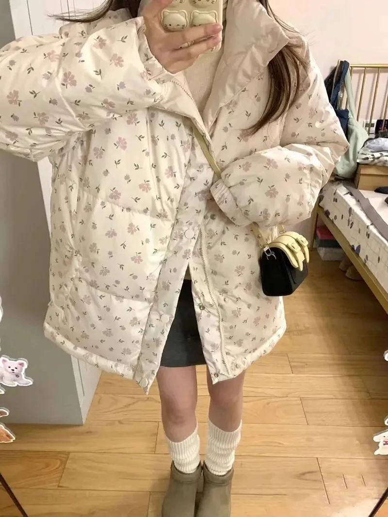 冬コート韓国ファッションパーカー甘い花柄プリントスタンドカラー暖かいジャケット女性ルーズパン服