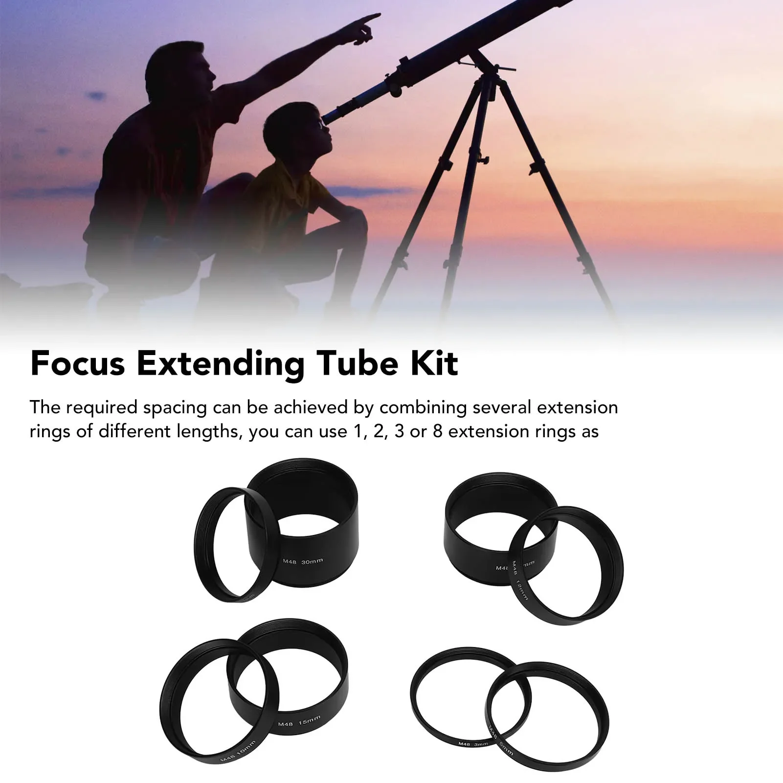 Focal Length Extending Ring Focal Length Extension Tube Kit Variable Combination Anodized Process M48X0.75 for Telescope