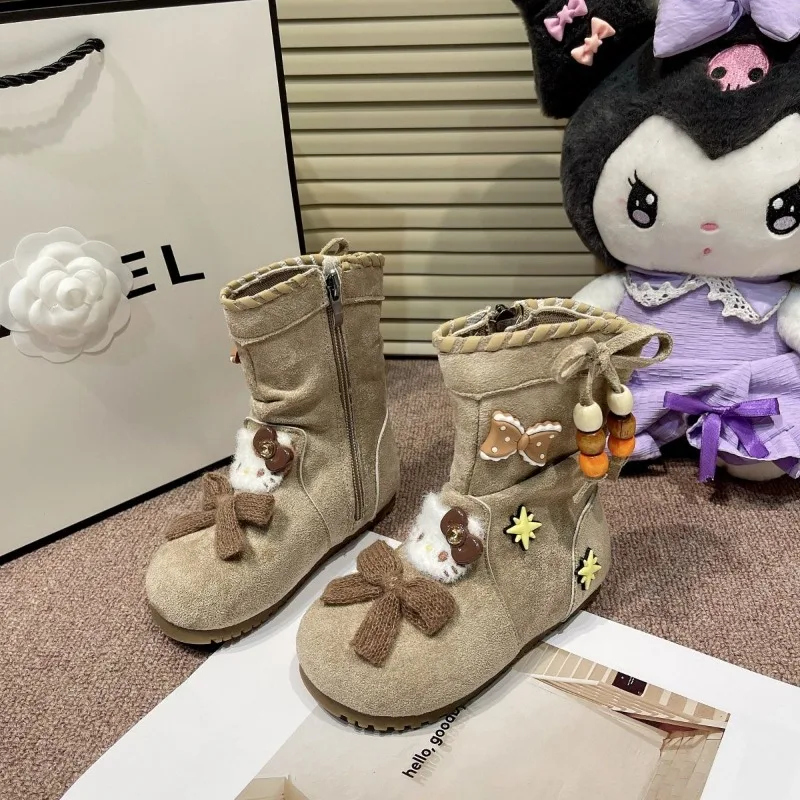 

2025 Hello Kitty Anime Kawaii Sanrio Ankle Boots Autumn Winter Cute Cartoon Children Baby KT Cat Shoes Toys Gifts for Kids