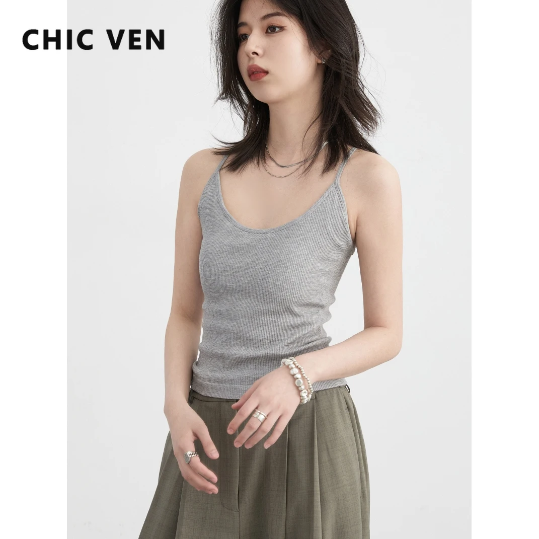 CHIC VEN Women Tanks Slim Solid New Multi-color Optional U-neck Strap Slim Fit Female Vest with Chest Pad Camis Summer 2024