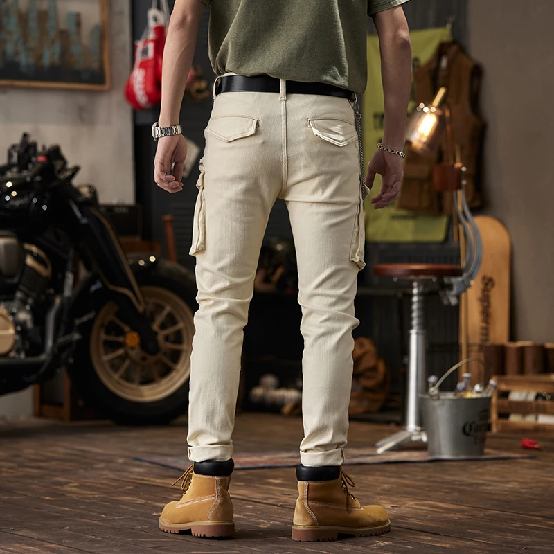 Beige Motorcycle Jeans Men's Business Shirt Fashionable Slim-Fit Stretch Multi-Pocket Fashionable Casual Motorcycle Trousers